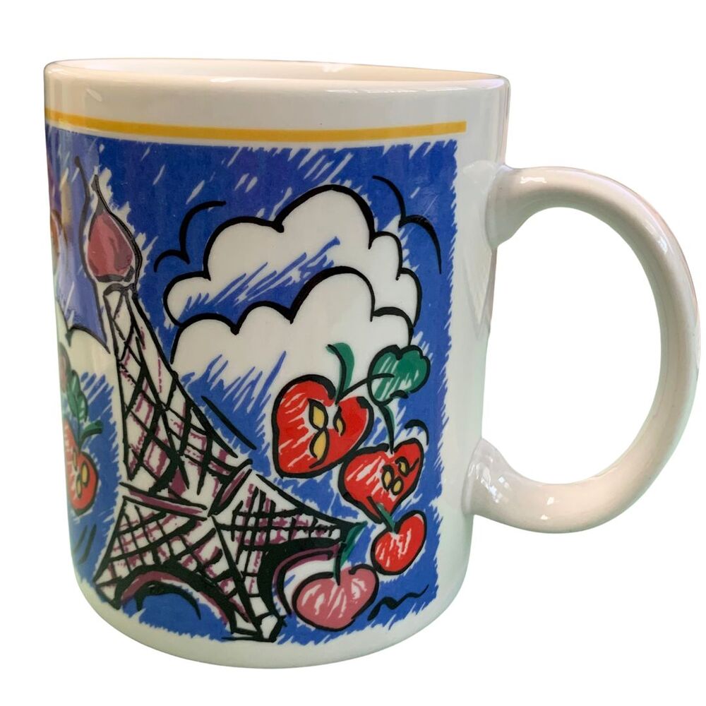 MISONO Paris Eiffel Tower Bistro Cherry Designed VTG Mug Cup-2 Piece Set - Picture 4 of 7
